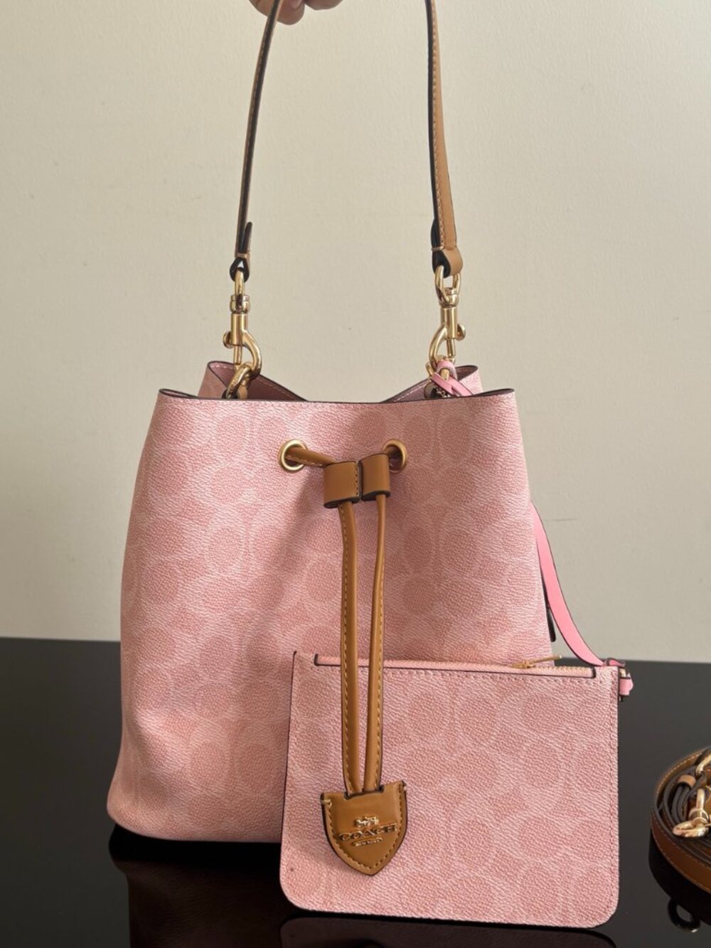 Coach Pink Monogram Drawstring Bucket Bag - Picture 1 of 9